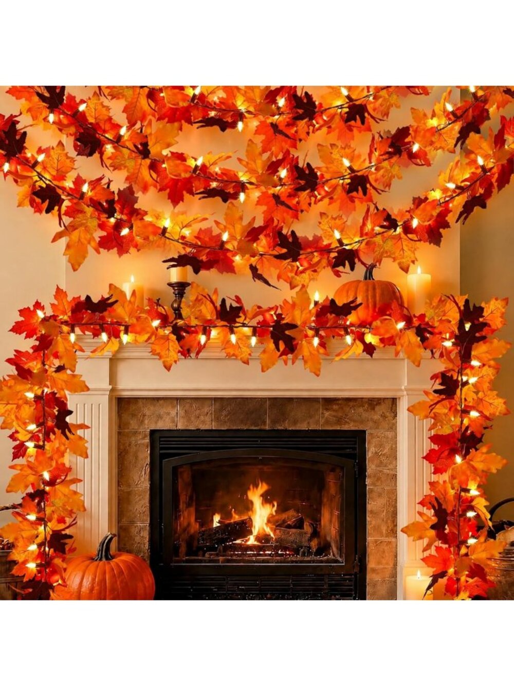 3-Pack 9ft LED Maple Leaf Garland - Battery Operated, Timer, 8 Modes, Waterproof